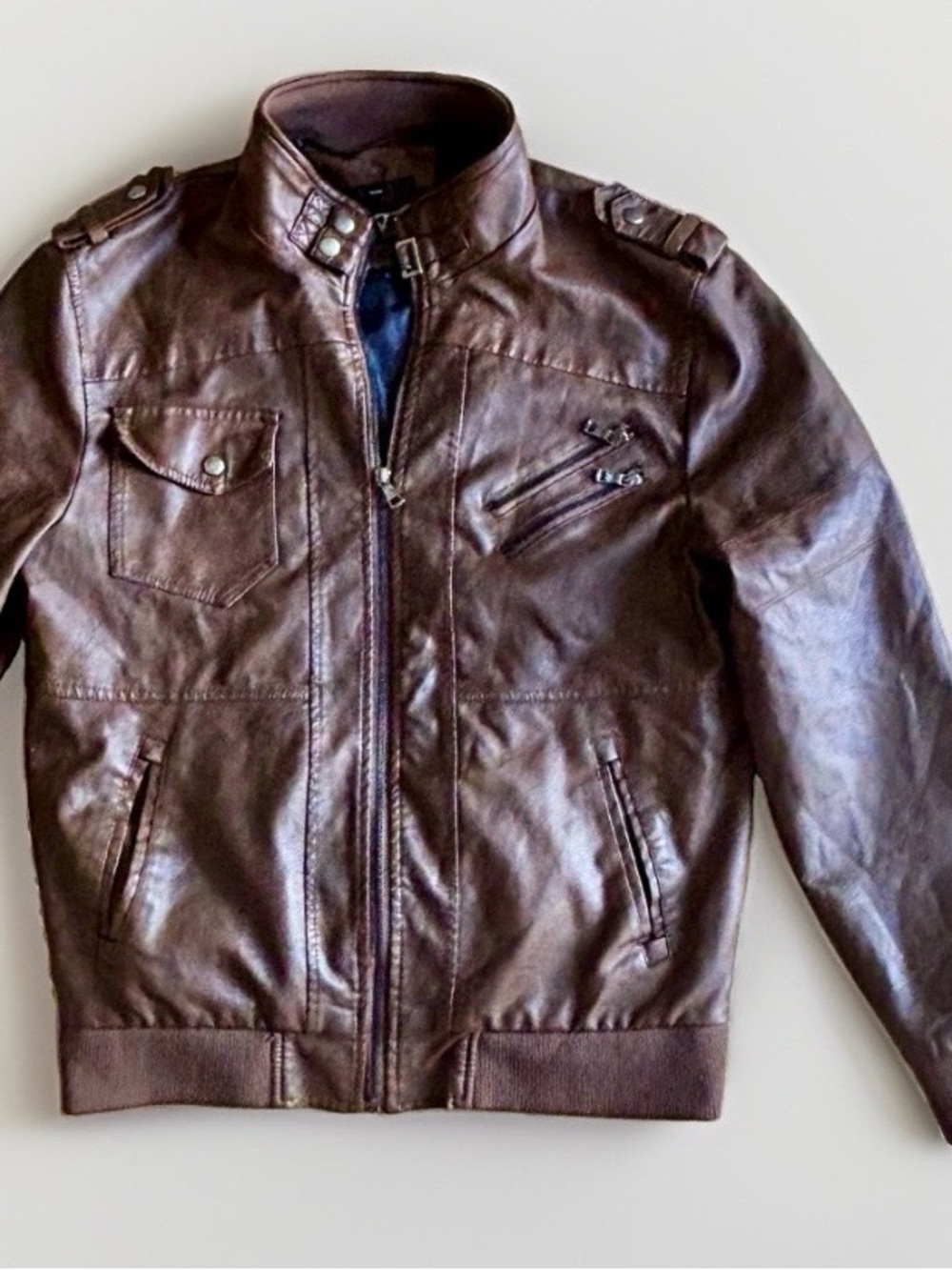 Men's Brown Vegan Leather Bomber Jacket Large Distressed Aviator Biker